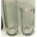 Irregularly opening ribbed cylinder glass vase tall straight